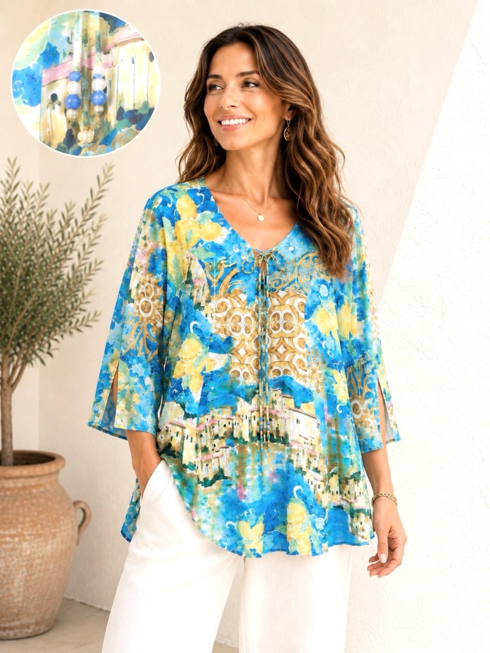 V Cristina Chiffon Boho Tunic Blouse Tie Neck Mediterranean Print Bell Sleeve - Picture 6 of 13